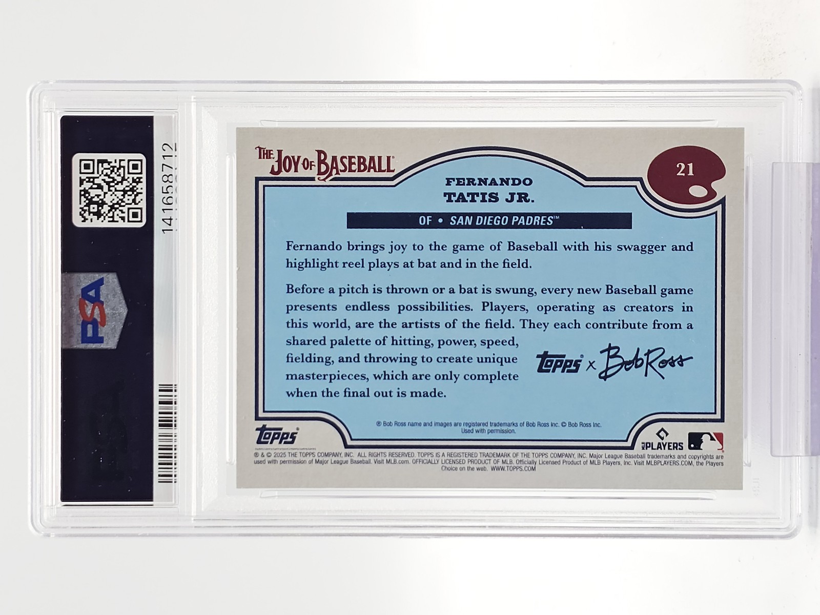 FERNANDO TATIS JR 2025 TOPPS X BOB ROSS ALIZARIN CRIMSON 01/10 #21 PSA 10 Q6530 view 2