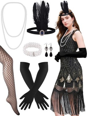 Flapper Kleid 1920er Damen Gatsby Kostüm Fransen Pailletten Schwarz Größe M