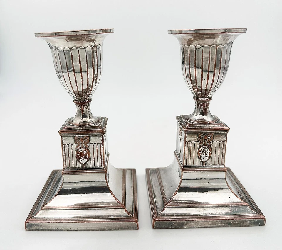 RARO PAR DE CANDELABROS PEDESTAL ENANO PLACA SHEFFIELD ANTIGUA GEORGE III c1785 Foto 3 de 4