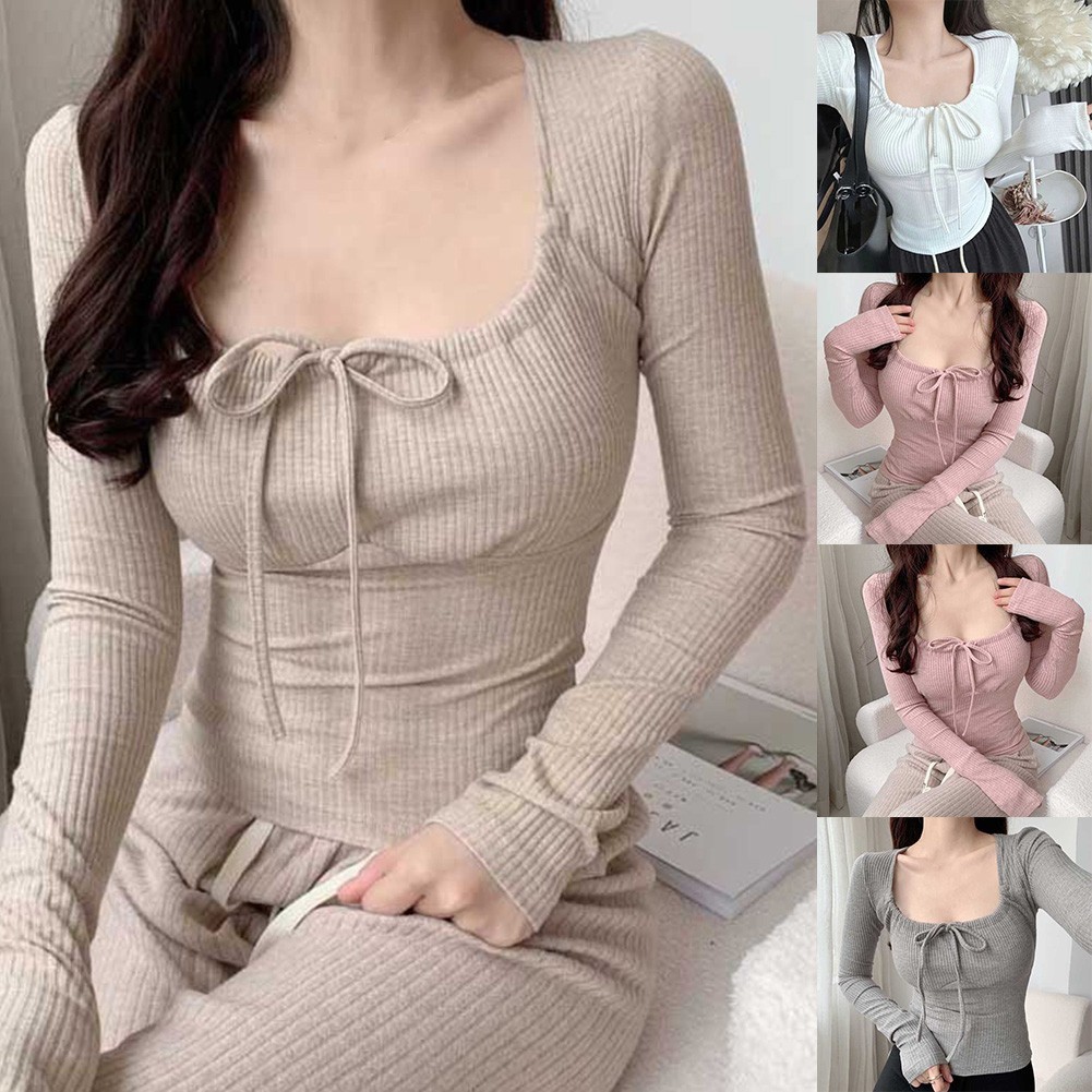 ALTRA Top slim fit manica lunga con scollo quadrato e papillon per escursioni tempo libero