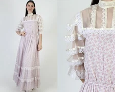 Vtg Gunne Sax Calico Dress Violet Sheer Lace Slv ottage Prairie Maxi Boho 9