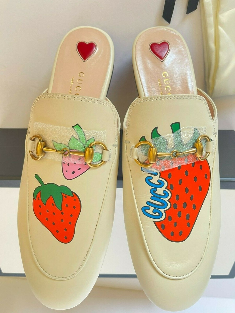 GUCCI★PRINCETOWN STRAWBERRY LEATHER LOAFER MULE w HORSEBIT New Authentic Gucci Princetown Strawberry Loafer Mules Flats