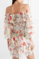 Alice + Olivia Santos Cold Shoulder Lace Trimmed Floral Silk Dres Size 4 NWT