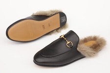 GUCCI Women's Black Leather Princetown Fur Slippers Flat Mules EU 36.5 - US 6.5