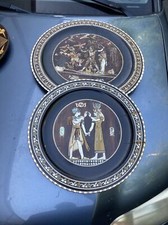 2 Vintage Egyptian Wood Dish with copper and mother of pearl Detailing-DAMAGED