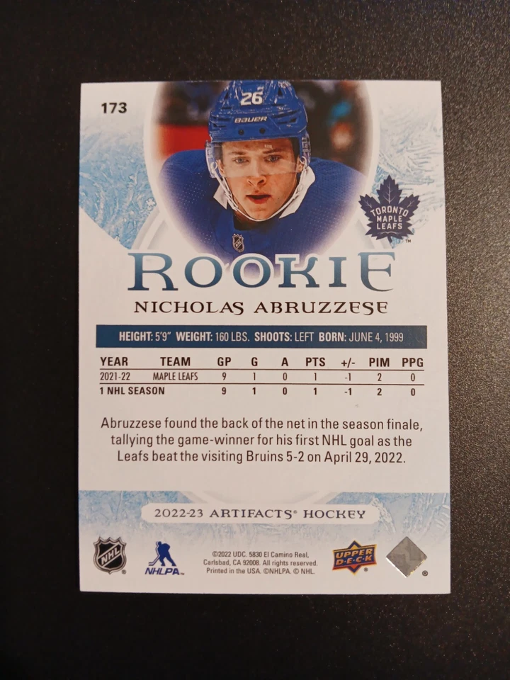 Rose #D 22/65 Nick Abruzzese RC 2022-23 Upper Deck Artifacts Rookie Maple Leafs - Image 2 of 2