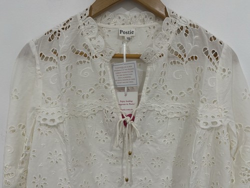Postie Cottage Core broderie anglaise blouse women size 10 white 3/4 Sleeve - Picture 3 of 12