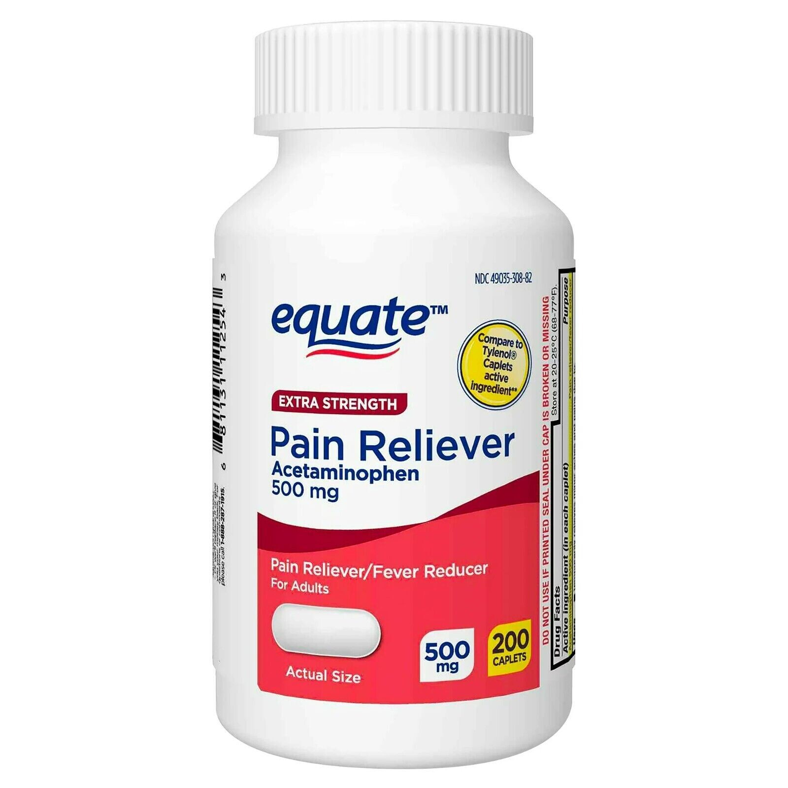 Equate Pain Reliver Extra Strength Acetaminophen Caplets, 500 mg, 200