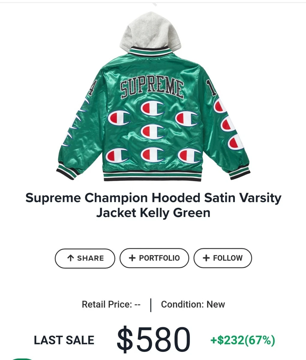 Supreme x Champion Hooded Satin Varsity Jacket Kelly Green Small 100% Authentic