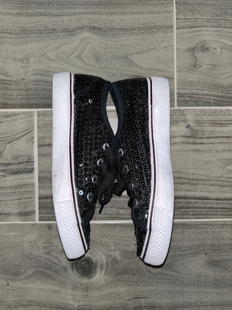Balera Low Top Tennis Shoes Size 1 Girls Black Sequin Sneakers Pre Owned