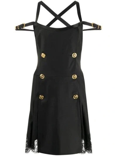 Versace — Versace Medusa Logo Button Black Lace Strappy LBD Cocktail Dress US 0 IT 36