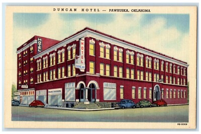 c1940's Duncan Hotel Building Cars Street View Pawhuska Oklahoma OK Postcard