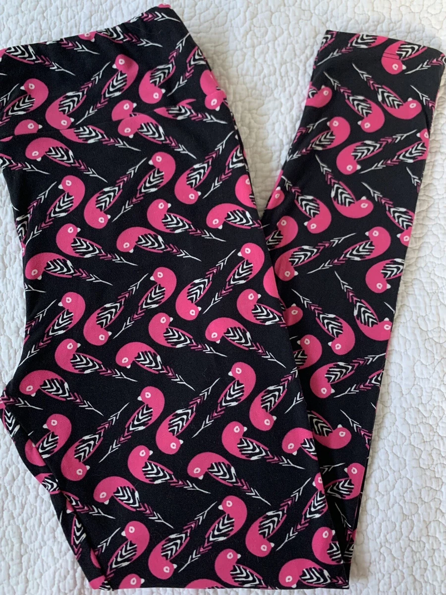 Lularoe Leggings TC Black w/ Hot Pink & White Parrots Parakeets Birds  VINTAGE