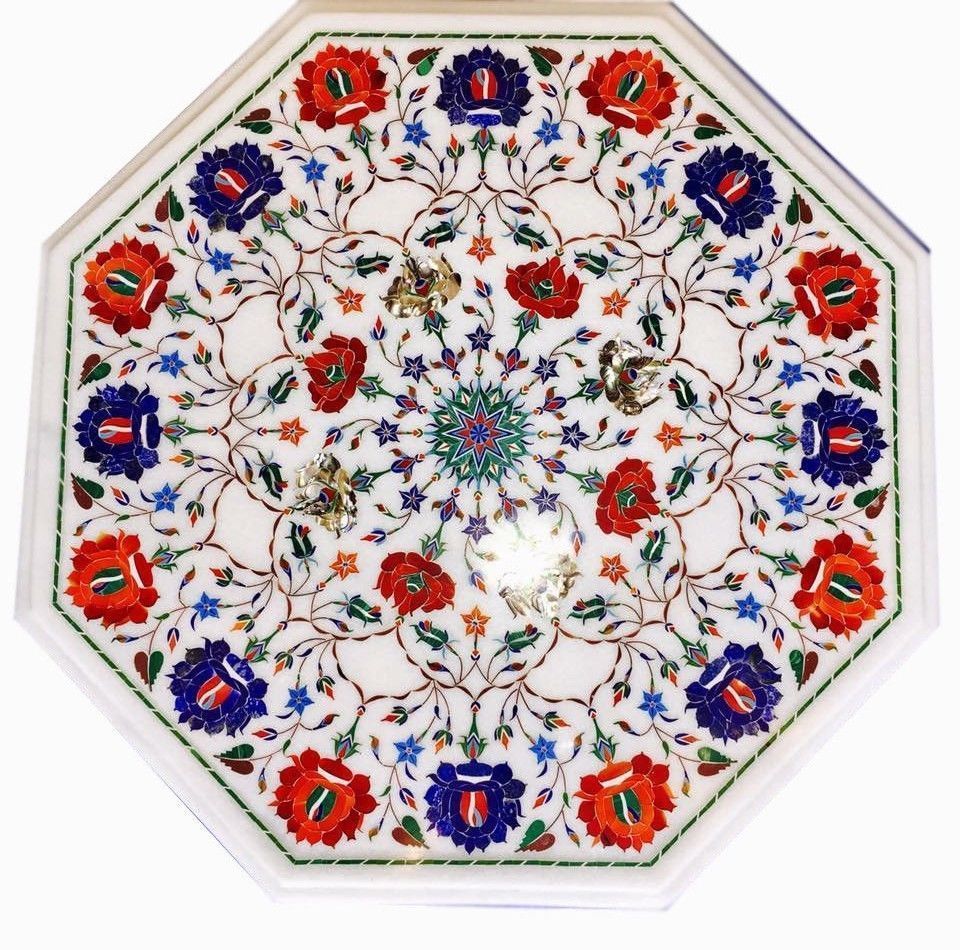 21-inch marble coffee table with semi-precious stone inlay decor