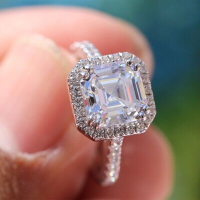 3.0 CTW Asscher Cut DEF Moissanite Wedding Engagement Ring 14k White Gold Plated