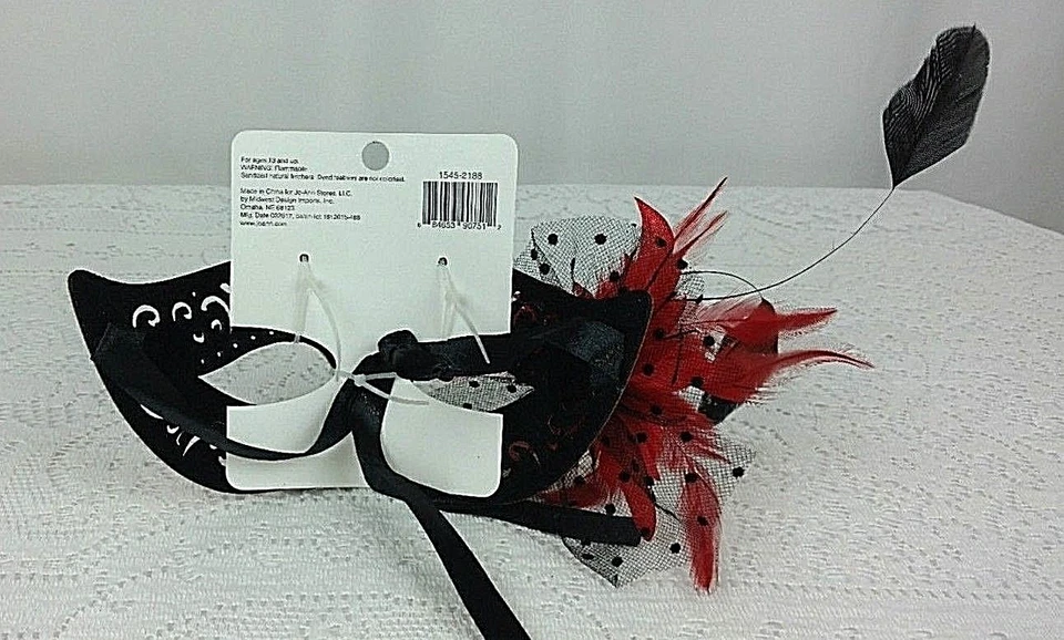 Red Masquerade Mask Womens Feathers Faux Leather Scroll Party Costume Cosplay - Image 3 of 3