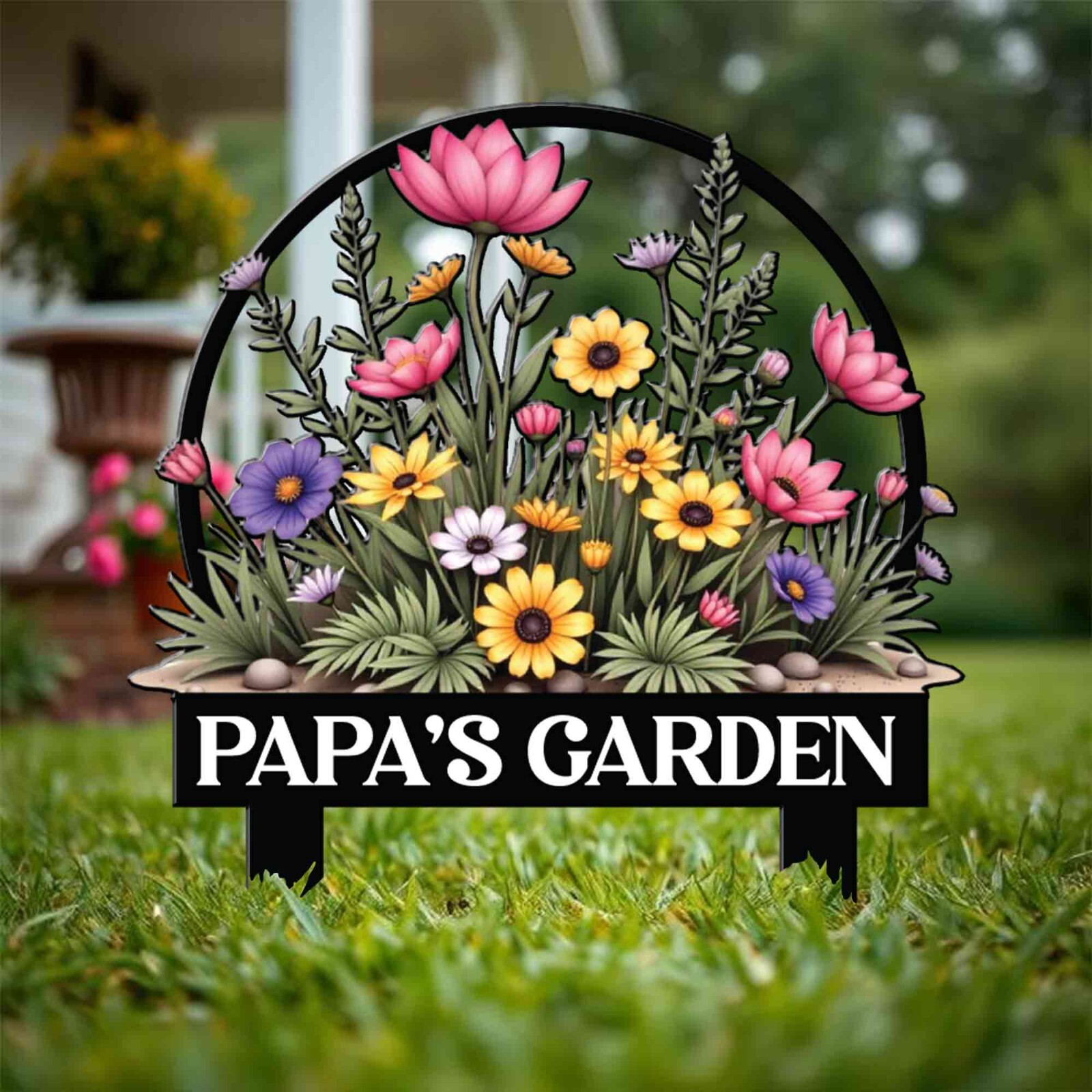 Personalized Garden Metal Sign With Stakes, Custom Flower Garden Name Sign