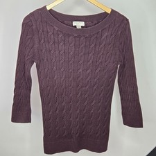 LOFT Deep Burgundy Cable Knit Sweater 3/4 Length Sleeves Boat Neck Size S