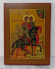 RUSSIAN ORTHODOX PAINTED ICON ON WOOD PANEL - HOLY BLESSED PRINCES BORIS & GLEB