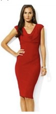 Lauren Ralph Lauren Red Matte Jersey Midi Cocktail Dress Sz8 Ruched Top