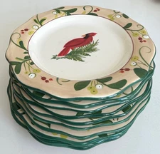 PAULA DEEN Dinner Plate Set/10 HOLIDAY CARDINAL Christmas 11" HandPainted
