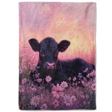 Cute Cow Flower Fleece Blanket,50x60in,Black Calf with Sunset and Pink Floral...