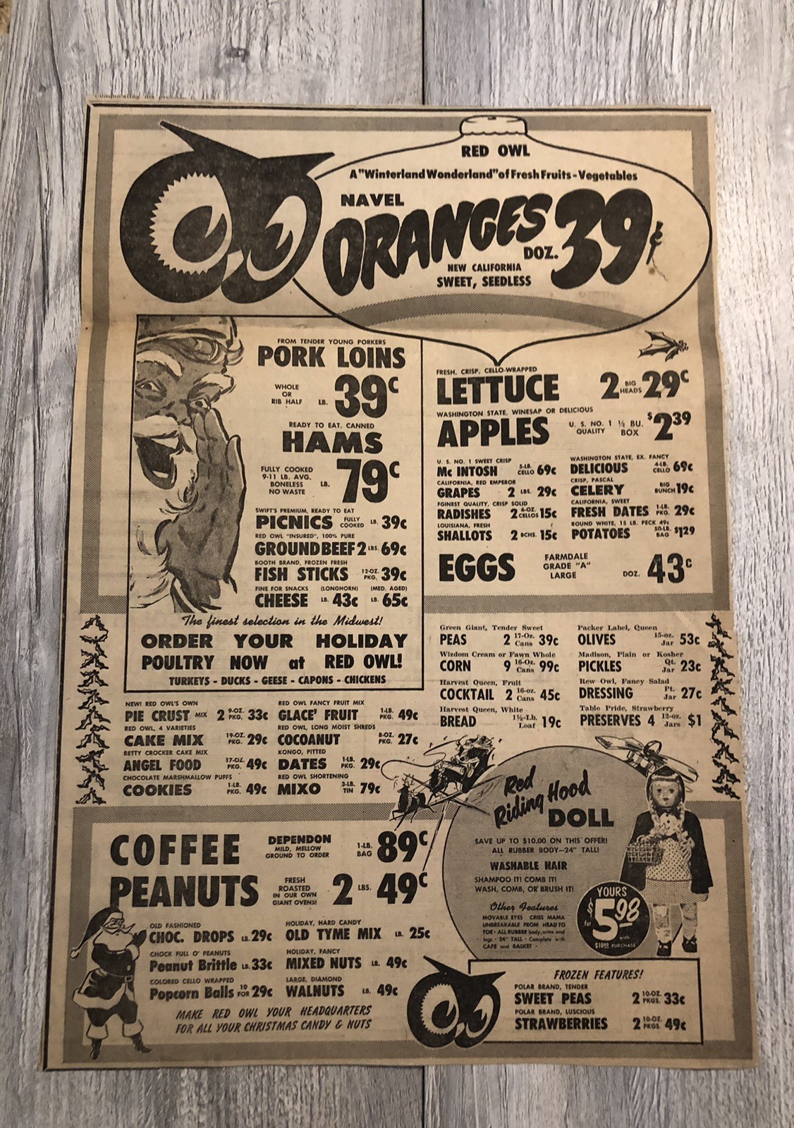 1950’s Christmas Santa Red Riding Hood Doll Red Owl Grocery Newspaper Ad 0C25