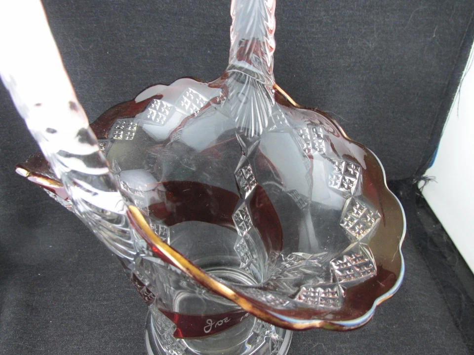 IMPERIAL EAPG 3 IN 1 RUBY STAINED CLEAR GLASS HANDLED BASKET SOUVENIR DATED - Image 2 of 4