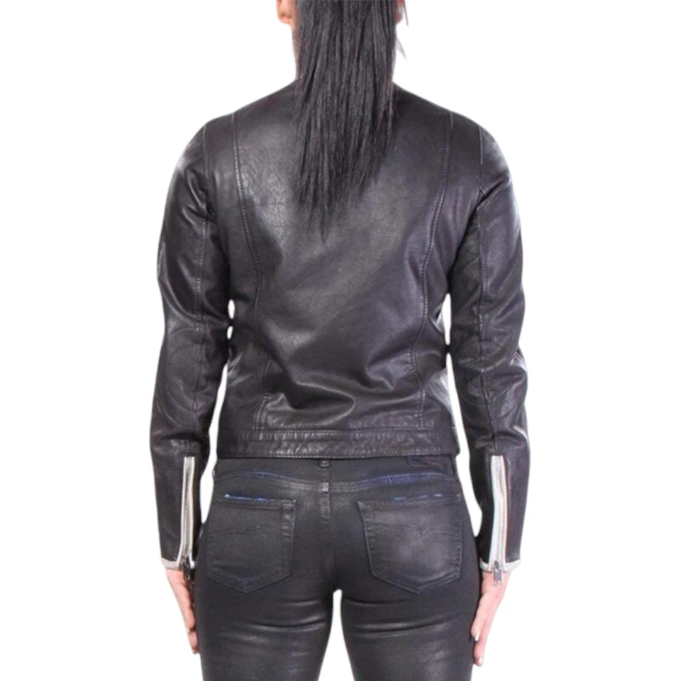 DIESEL L GIN Womens Leather Jacket Long Sleeve Cafe Racer Ladies Biker Zip Coat - Image 3 of 4