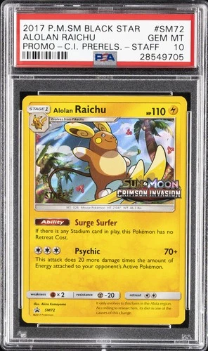 2017 POKEMON SM BLACK STAR PROMO #SM72 ALOLAN RAICHU PSA 10