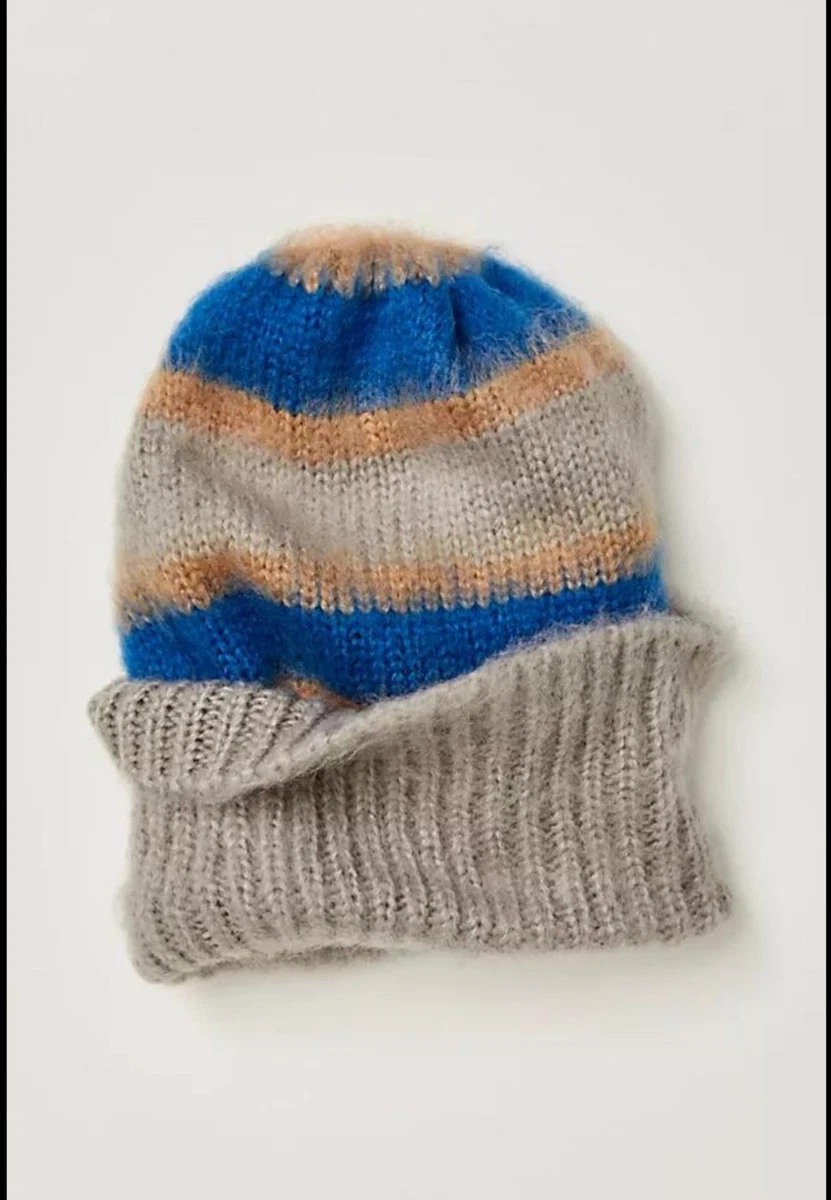 Free People Hat Gray Blue Striped Chunky Knit‎ Acrylic Foldover Hat Winter Boho Free People Beanie Gray Striped Chunky Knit Acrylic Foldover  main image 3
