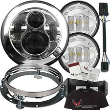Eagle Lights Chrome 7" LED Headlight Kit w/Fog Lamps Harley Ring & Plug