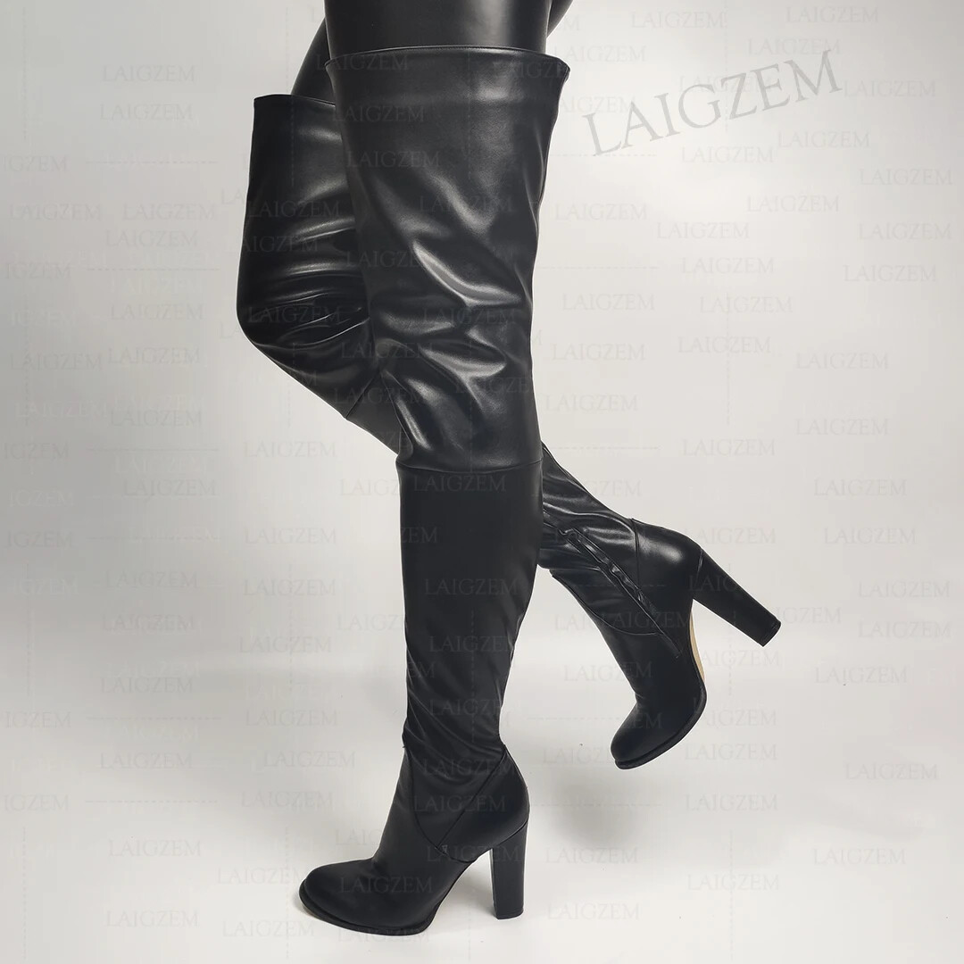 Women Thigh High Boots Round Toe Thick High Heels Boots Over Knee Faux ...