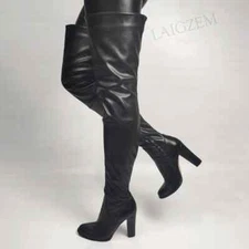 Women Thigh High Boots Round Toe Thick High Heels Boots Over Knee Faux Leather