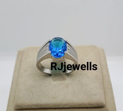 925 Silver Ring, Lab Create Blue Topaz Ring For Men's, Father's Day Gift Ring
