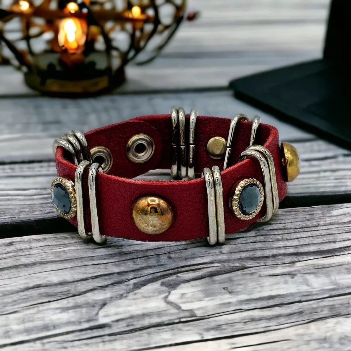 King Star Cuff Bracelet Red Leather Vintage Midnight Gem Gold Tone