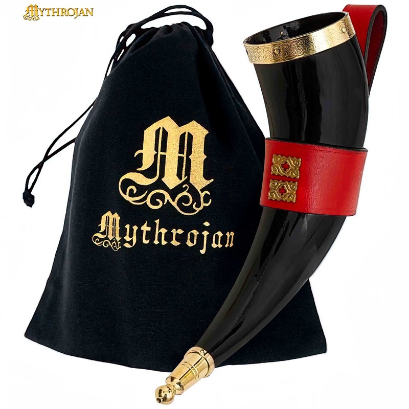 Viking Drinking Horn Brass Accented Red Leather Holder Strap Beer Mead Mug 350ML