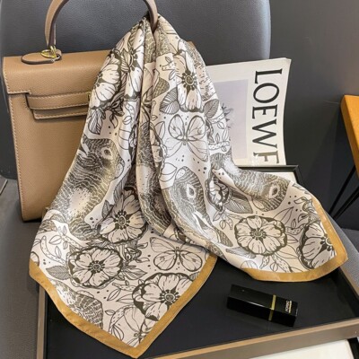 100% Mulberry Silk Square Scarf Women Neckerchief Wrap Brown White Flower 68*68