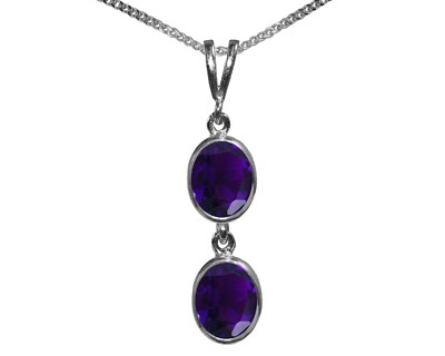 9 Karat Weißgold Natürlicher Amethyst Doppel Oval Anhänger & Halskette Britisch Made