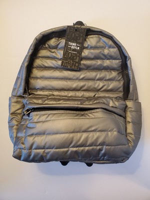 Think Royln Puffer Backpack Cleo Front Pocket Bonded Pewter Gray Travel Bag NWT