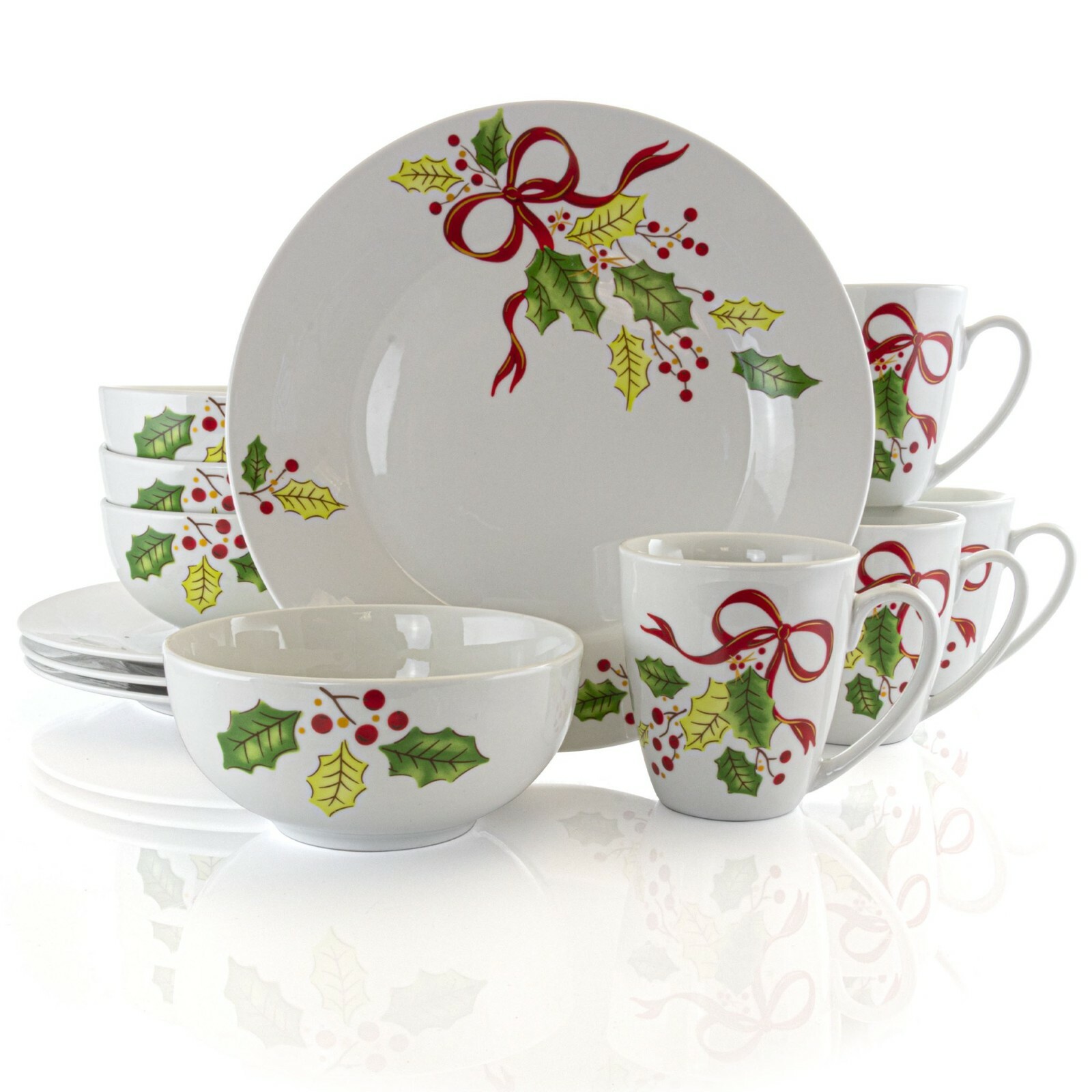 Gibson Holiday Ribbon Holly 12pc Fine Ceramic Dinnerware Dish Bowl Mug Set for 4