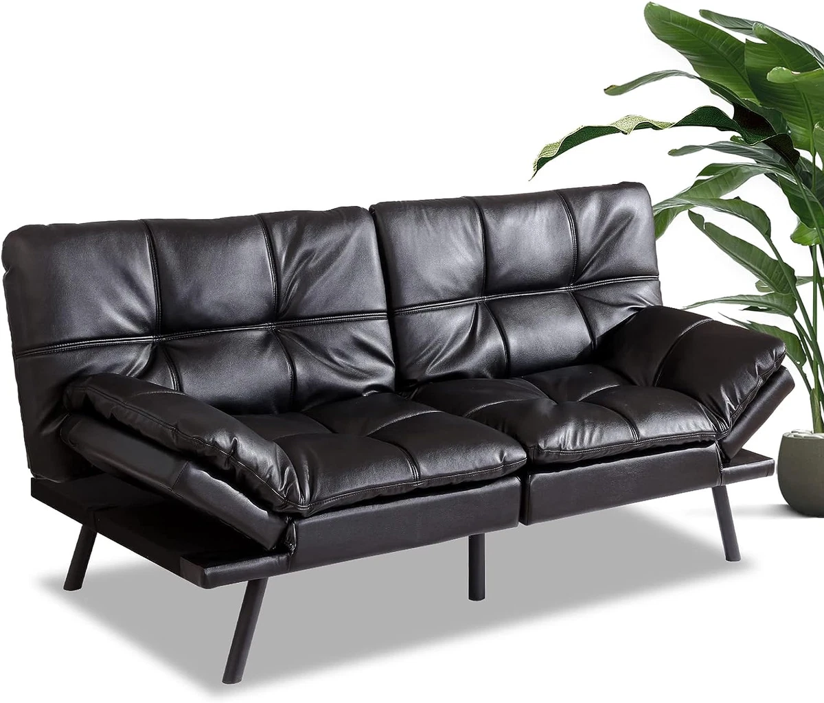 Futon Couch Modern Convertible Memory Foam Faux Leather Loveseat