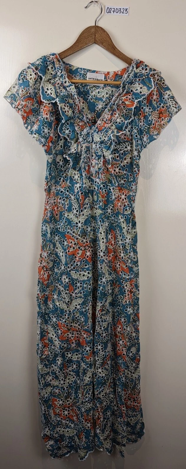 Antik Batik Blue Broderie Anglaise Short Sleeve Ruffle Cotton Boho Maxi XS