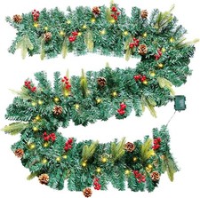 9 FT Christmas Garland with 50 LED Lights Pre-lit Decorative Green Berries Cones