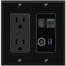 HD PHONE TOSLINK USB-3 Port Wall Plate Black w Power Outlet