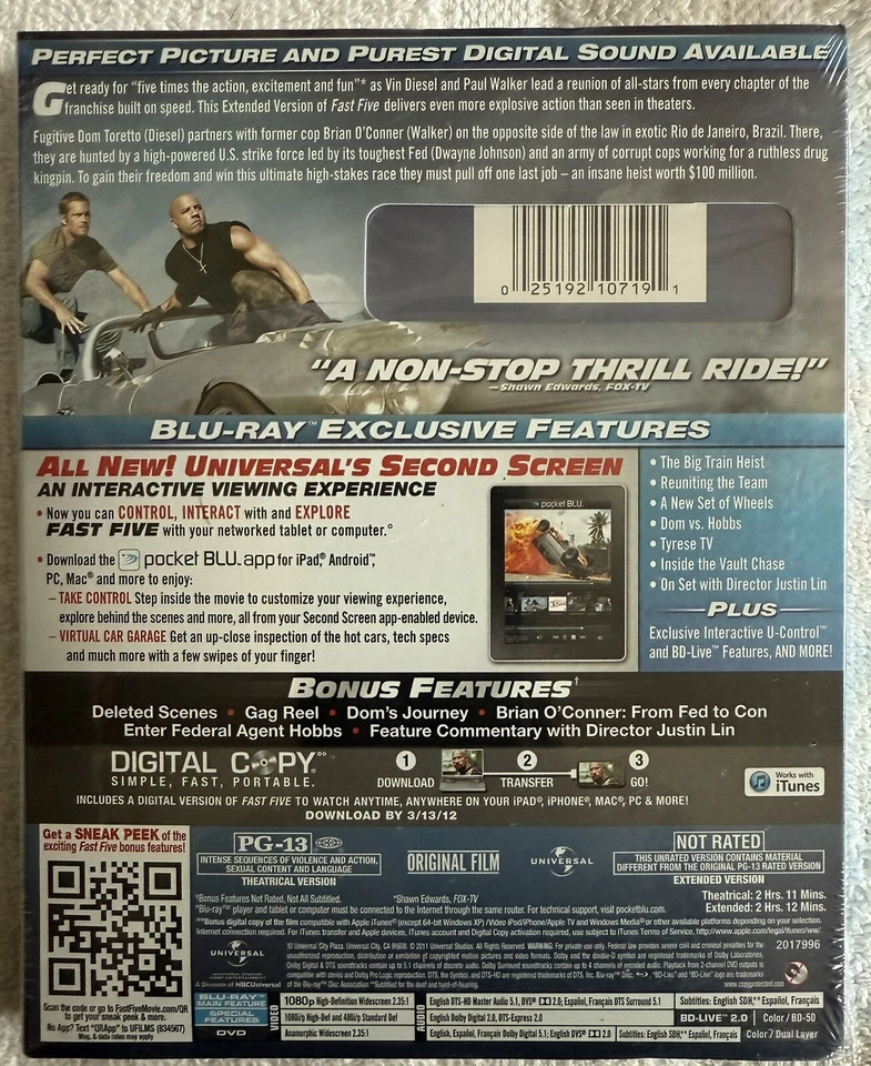 Fast Five Extended Edition Sealed Blu-Ray+DVD+Digital Copy (Universal) - Image 2 of 3