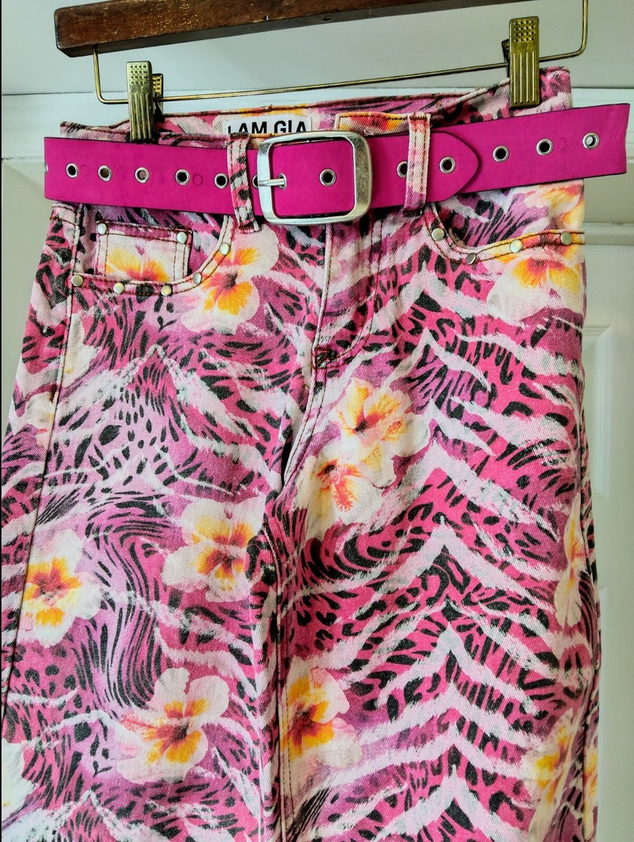 激かわいい I AM GIA ハイビスカス アニマル柄 プリント デニム ピンク I.Am.Gia pink and white, hibiscus print, trousers, denim