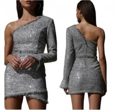 Prem the label metallic dress silver 8 shiny one sleeve mini races cocktail $299