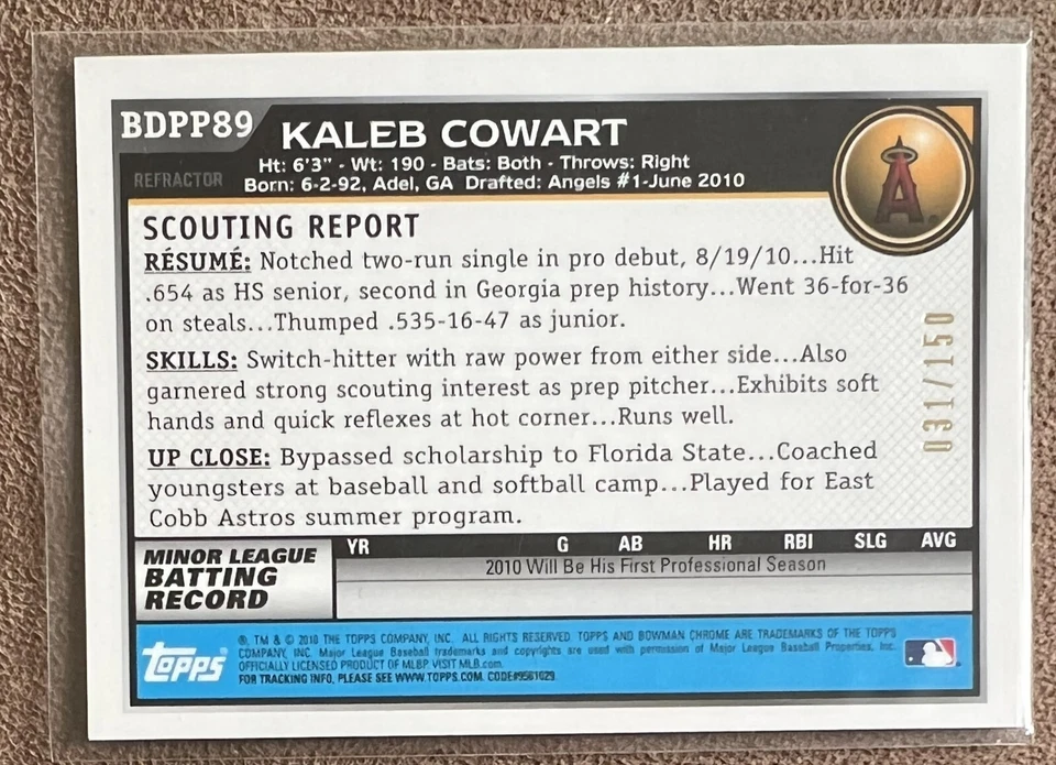 Lote de 10 autógrafos cromados Kaleb Cowart 2010 Bowman con refractores #ed Angels RC Foto 2 de 3