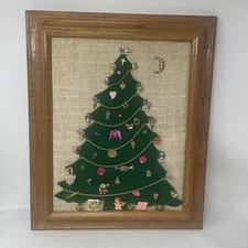Framed Jeweled Christmas Tree Picture W/ Vintage Jewelry Pieces Beads Charms